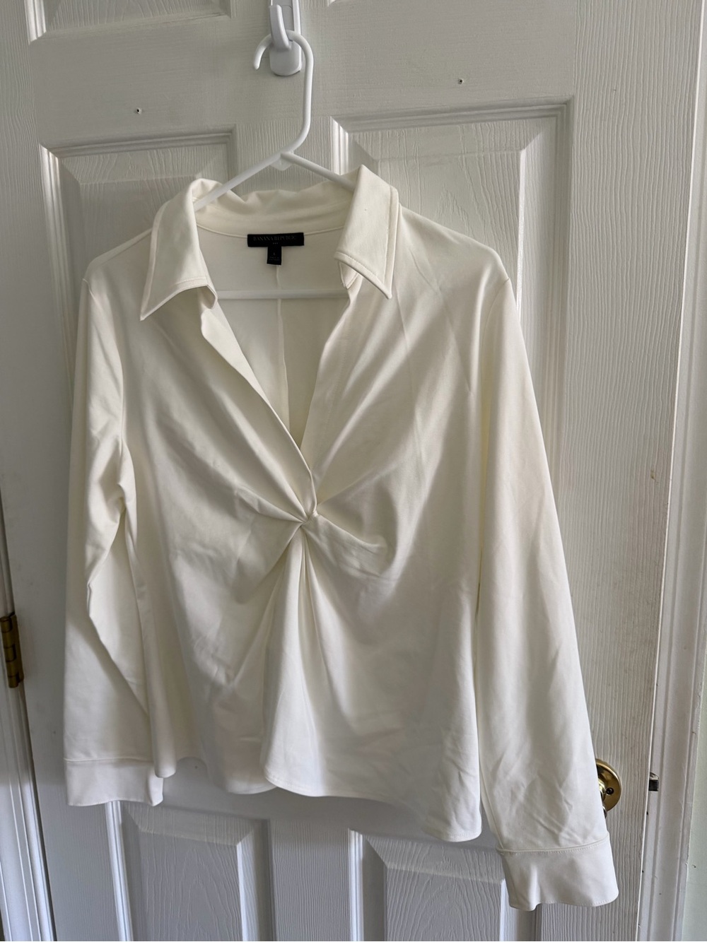 White Twist-Front Collared Long-Sleeve Top